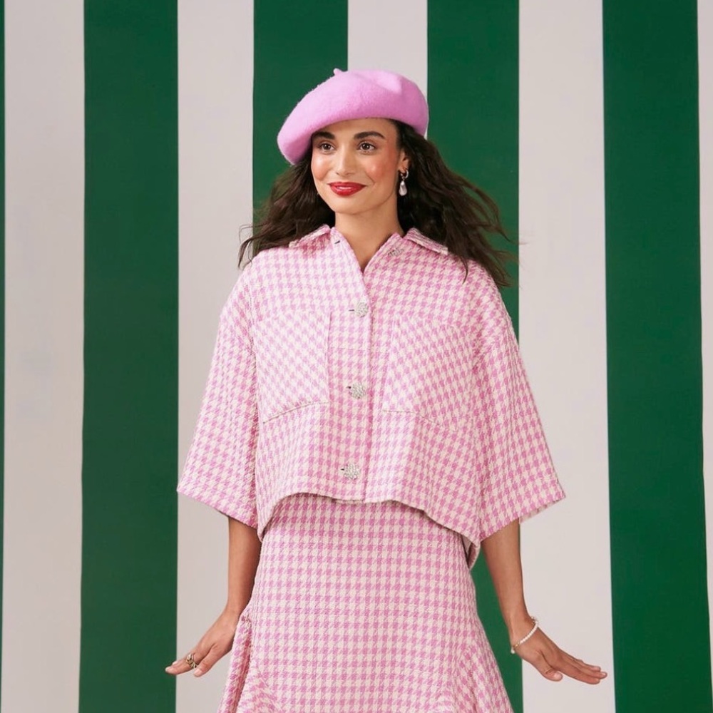 New CeCe Houndstooth Tweed Jacket Coat Crystal Buttons Pink Ivory Sz S